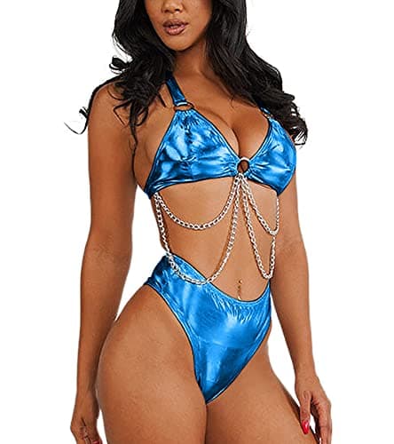 EDC Metallic Holographic Body Chain Harness Top & High Waist Bottom Festival Dance Bikini