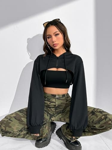 Super Crop Hoodie Sweatshirt with Zipper and Drawstring