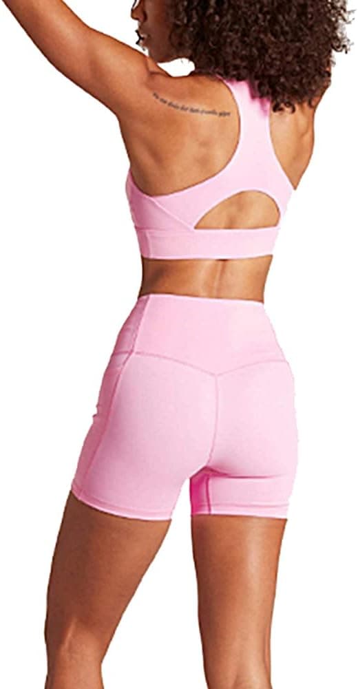 Women Seamless Yoga Outfits 2 Piece Workout Set Sleeveless Racerback Crop Top Sprots Bra High Waist Shorts Legging Stretch Tummy Control Fitness Athletic Running Gym Clothes Activewear Tracksuit Pink S