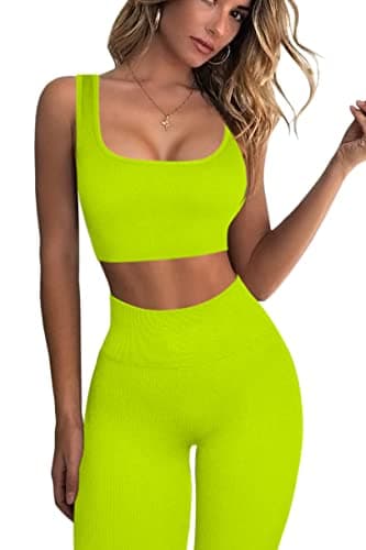 QINSEN Ribbed Workout Sets for Women: Seamless Sport Bra and High Waist Yoga Leggings