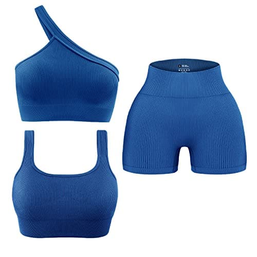 OLCHEE Women's 3-Piece Seamless Yoga Outfit - High Waist Shorts & One-Shoulder Sports Bra