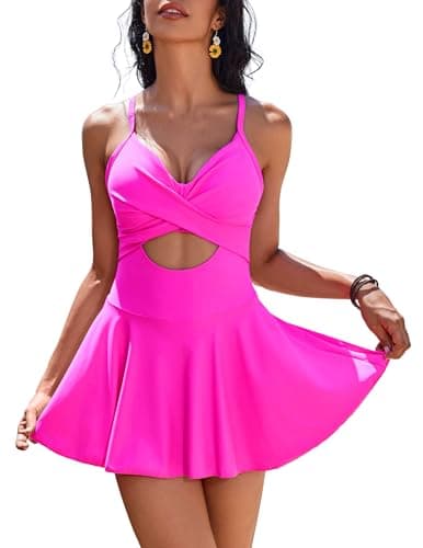AI'MAGE Women's V-Neck One Piece Swim Dress with Tie Back Skirt