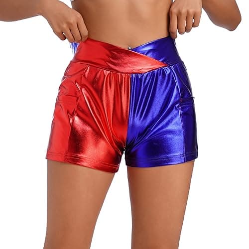 IMEKIS Women Metallic Shorts Halloween Cosplay Costume Sparkle Red and Blue Bottoms