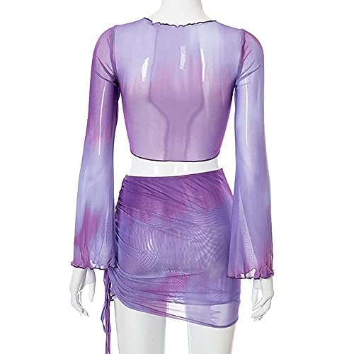 SHESEEWORLD Women's Sexy Long Sleeve Ruched Crop Top & Sheer Mini Skirt Sets