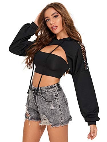 Mesh Contrast Long Sleeve Crop Top Hoodie