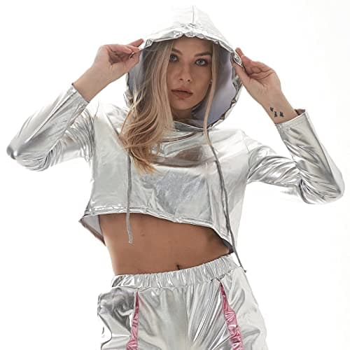 Womens Shiny Metallic Crop Top Hoodie
