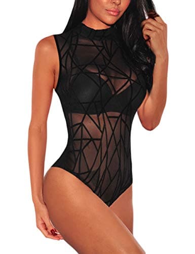 Sheer Mesh Turtleneck Bodysuit for Ladies