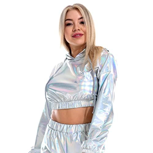 ODIZLI Women's Bright Leather Long Sleeve Hooded Crop Top