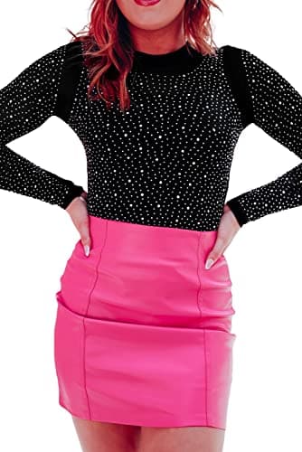 Hotmiss Rhinestone Stud Fishnet Long Sleeve Thong Bodysuit for Women