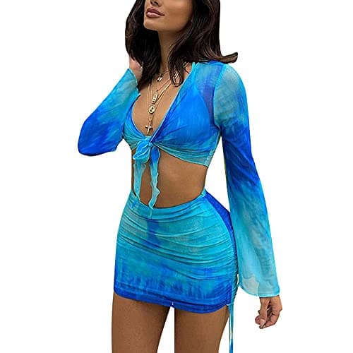 SHESEEWORLD Women's Sexy Long Sleeve Ruched Crop Top & Sheer Mini Skirt Sets