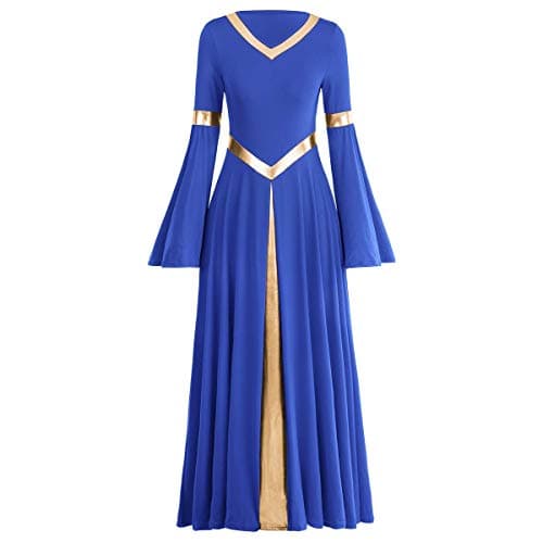 IMEKIS Metallic V Neck Praise Dance Dress Bell Sleeve Robe for Women