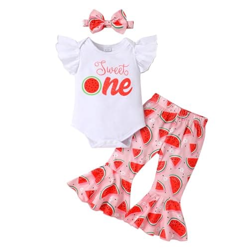 YOUNGER TREE Baby Girl 1st Birthday Outfit: Romper & Flared Pants
