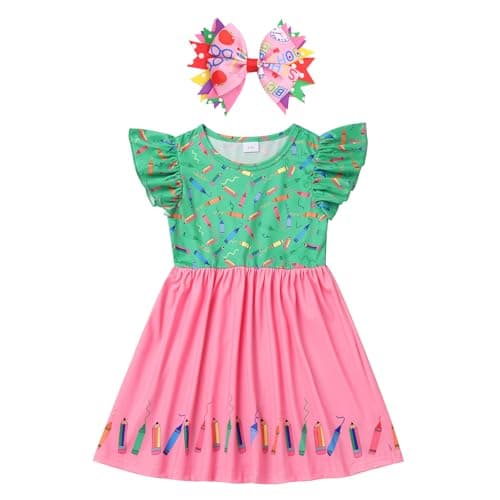 IMEKIS Girls' Back to School Pencil Print Dress with Hair Bow 4-7T