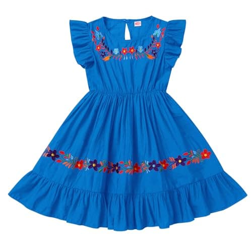 Traditional Mexican Floral Embroidery Dress for Toddler Girls, Fiesta Birthday Outfit
