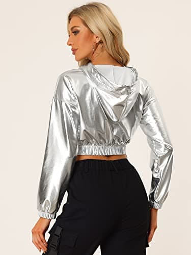 Holographic Metallic Crop Top Hoodies for Women