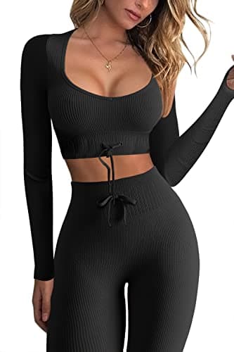QINSEN Women's Seamless Workout Set - Long Sleeve Crop Top and High Waist Leggings