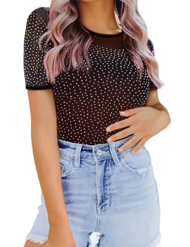 UEOIOW Women's Sheer Mesh Rhinestone Bodysuit Tops
