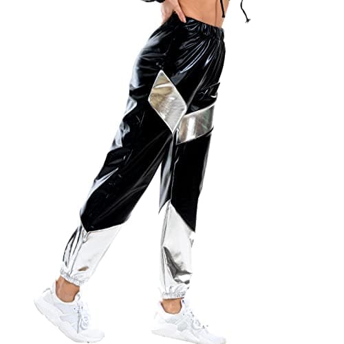 IMEKIS Women's High Waist Metallic Rave Jogger Pants Hip Hop Streetwear