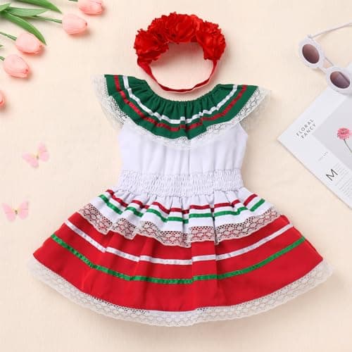 Baby Girl Mexican Fiesta Romper Dress with Flower Headband