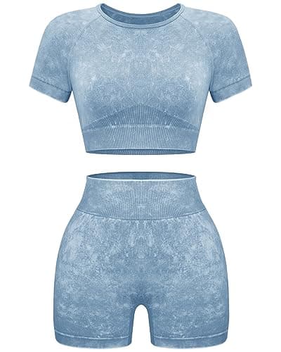 OLCHEE Women's Acid Wash Yoga Shorts & Crop Top Gym Outfit Set