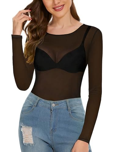 Women's Long Sleeve Bodycon Sheer Blouse See Through Mesh Top