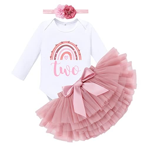 IMEKIS Boho Rainbow Baby Girl 1st & 2nd Birthday Outfit Romper + Tutu + Headband