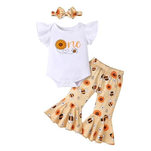 YOUNGER TREE Baby Girl 1st Birthday Outfit: Romper & Flared Pants