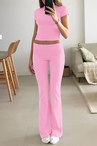 YETOWA Women's Slim Fit Short Sleeve Top & Flare Leggings Yoga Set