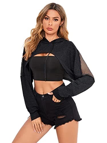 Verdusa Sheer Fishnet Drop Shoulder Hoodie Crop Sweatshirt