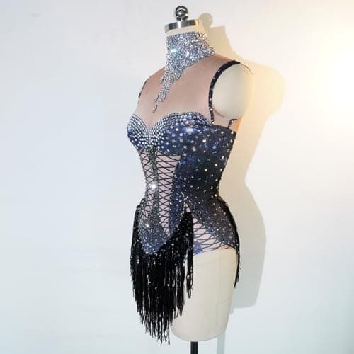 Youmeisha Black Fringe Rhinestone Dancing Costume for Women Stage Performances