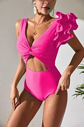 SPORLIKE Women Twist Front Flounce Padded One Piece Swimsuit