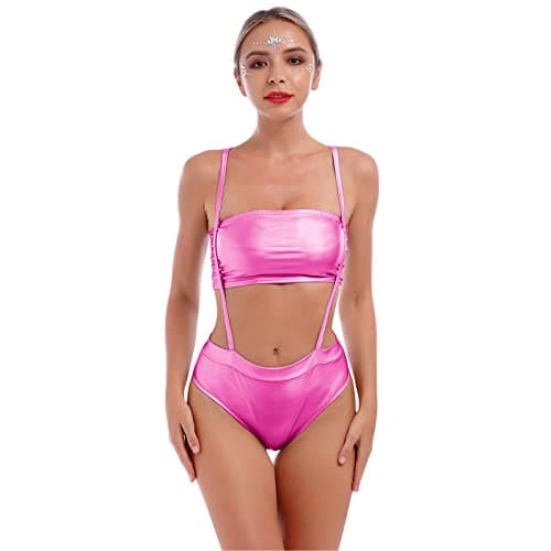 IMEKIS Women Metallic Rave Outfit Crop Top Bodysuit for Music Festivals and Halloween Costume