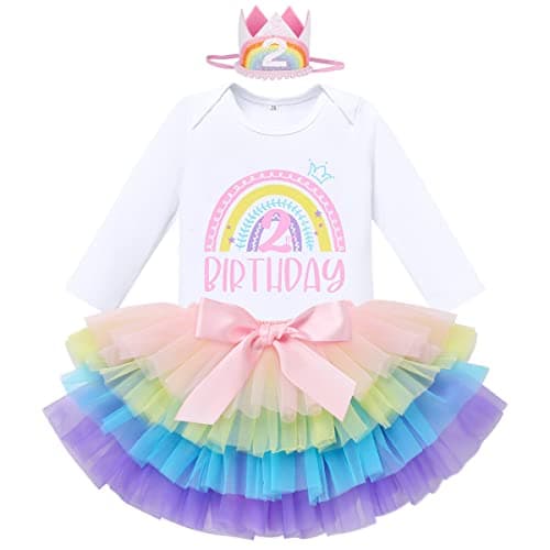IMEKIS Boho Rainbow Baby Girl 1st & 2nd Birthday Outfit Romper + Tutu + Headband