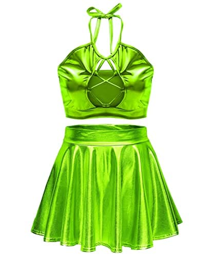 Women's Rave Outfit Sets - Metallic Tops & Long Skirt