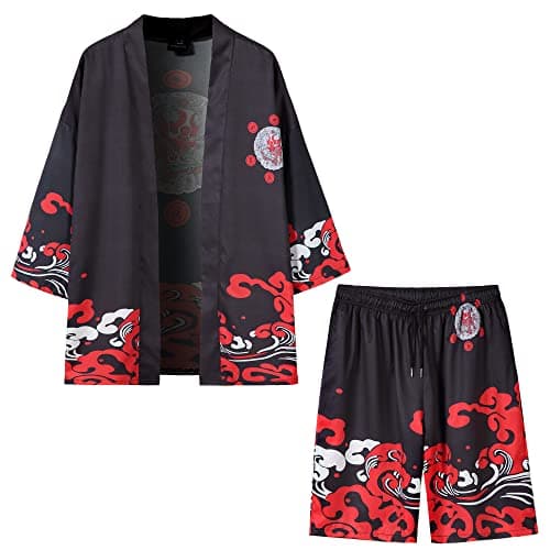 PRIJOUHE Mens Loose Fit Japanese Kimono Coat Jacket with Shorts