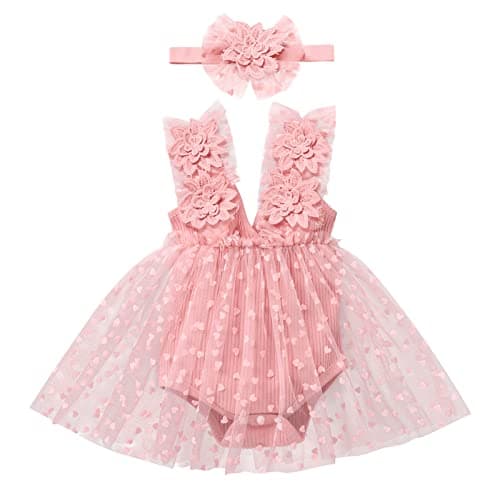 Newborn Baby Girl 1st Birthday Lace Tulle Romper Dress with Floral Headband