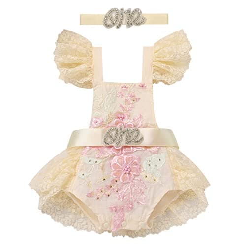 IMEKIS Baby 1st Birthday Photograph Props Boho Lace Romper + Headband + Sash Belt Set