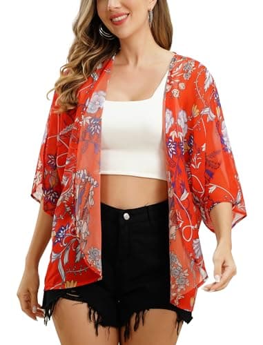 IMEKIS Women's Floral Printed Chiffon Half Sleeve Kimono Cardigan