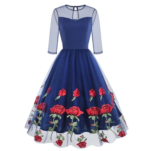 IMEKIS Women's Vintage Rose Embroidered Floral Swing Cocktail Dress