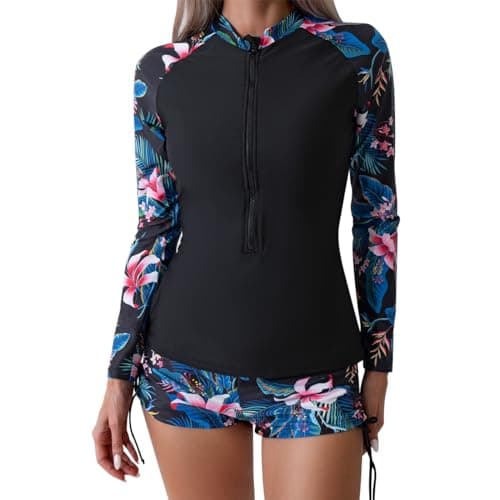 IMEKIS Women's Long Sleeve Rash Guard Set with Floral Print Shorts