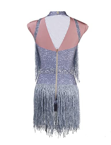 YUANTONG Sparkly Silver Rhinestone Fringe Bodysuit for Women Latin Dance Costume