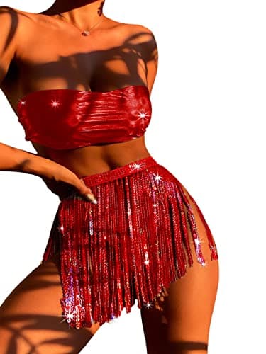 EVELUST Women's metallic holographic bodysuit & skirt set for EDC festivals