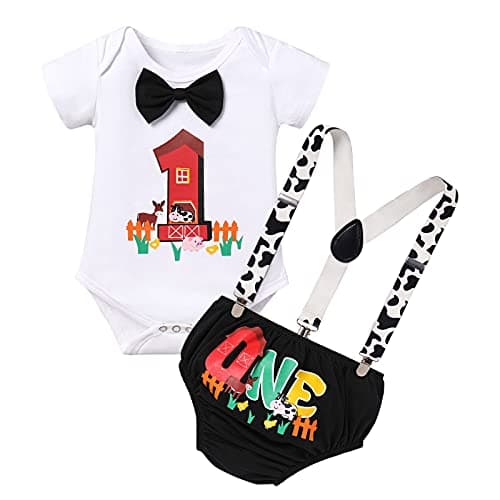 IMEKIS Baby Boys Farm Animals 1st Birthday Cake Smash Outfit with Suspenders Shorts