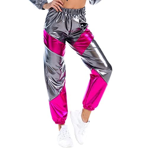 IMEKIS Women's High Waist Metallic Rave Jogger Pants Hip Hop Streetwear
