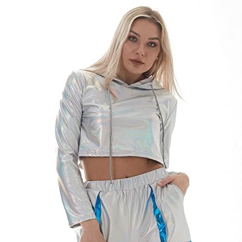 ABAFIP Women Metallic Shiny Rave Outfit Holographic Crop Top Hoodie Casual Long Sleeve Sweatshirt Dancewear -> Metallic Shiny Holographic Crop Top Hoodie Dancewear