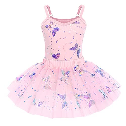 IMEKIS Shiny Butterfly Ballet Leotard with Tutu for Toddler Girls 3-10T