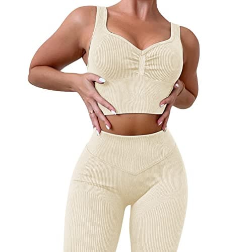 ABOCIW Women's Ribbed Seamless High Waist Scrunch Leggings with Sport Bra