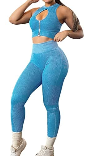 OLCHEE Women's Seamless Ribbed Workout Set - Acid Wash Yoga Leggings and Keyhole Crop Top Bra