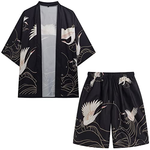 PRIJOUHE Mens Loose Fit Japanese Kimono Coat Jacket with Shorts