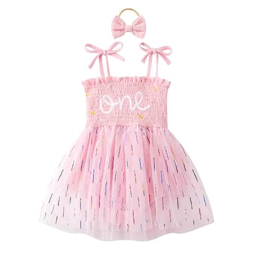 DLLYING Baby Girl Summer Smocked Fairy One-Piece Tulle Dress + Headband